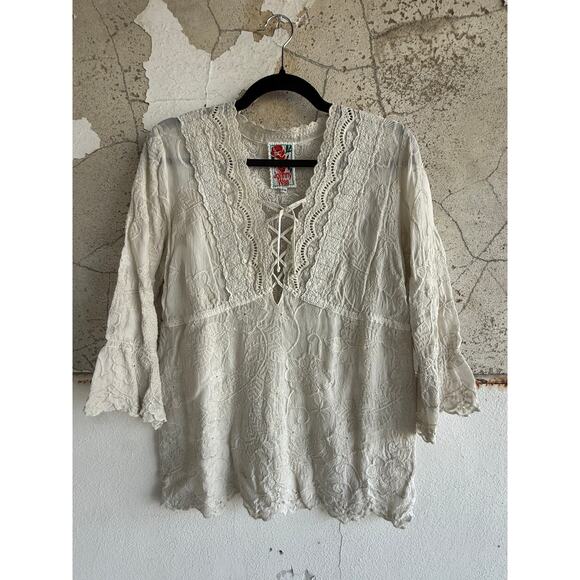 Johnny Was Blouse Embroidered Peasant Rayon Tunic Top Cream Women’s XS Boho - Picture 1 of 7